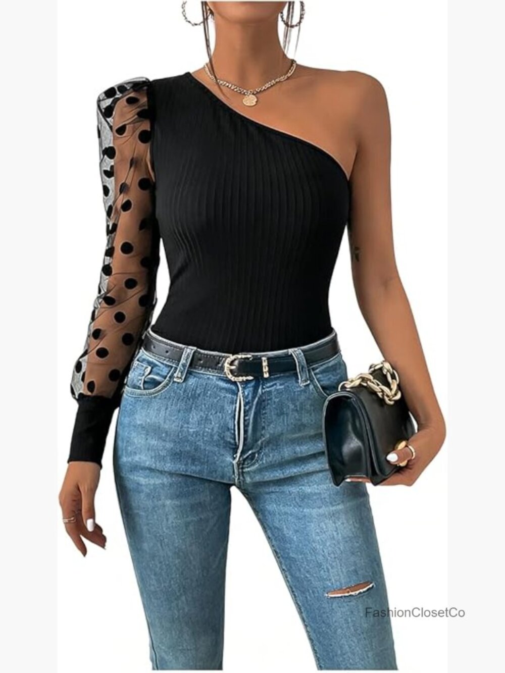 One Shoulder Mesh Long Sleeve Top Ribbed Slim Fitted Dressy Going Out Shirt